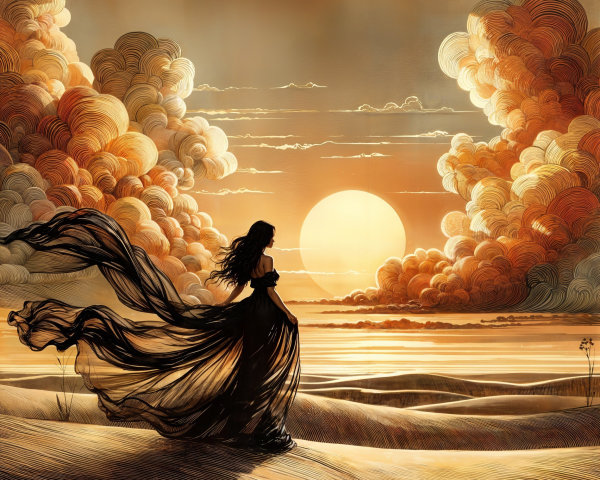 Silhouette of Woman in Black Gown at Sunset