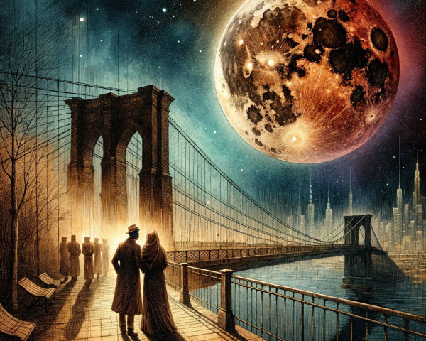 Cosmic Scene of Moon Over Brooklyn Bridge at Night