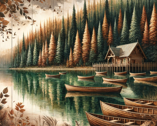 Serene Lakeside Scene with Wooden Cabin and Boats