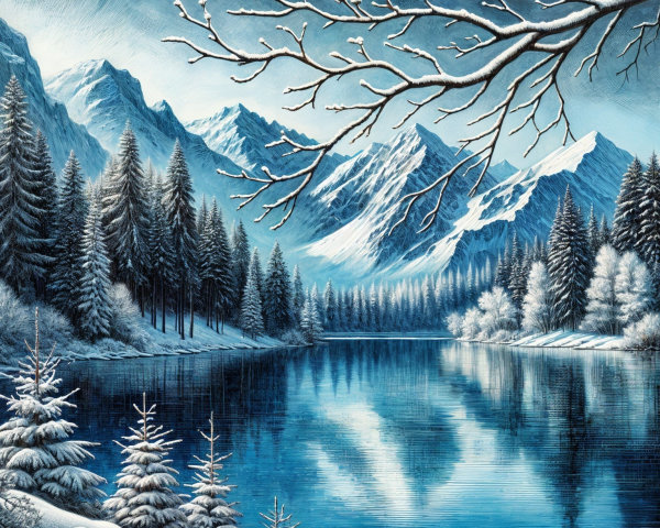 Snow-Capped Mountains and Tranquil Winter Lake Scene
