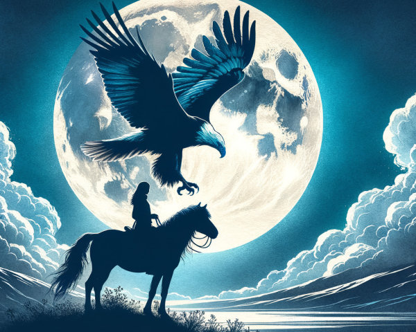 Horse and Rider Silhouette Under Full Moon and Eagle