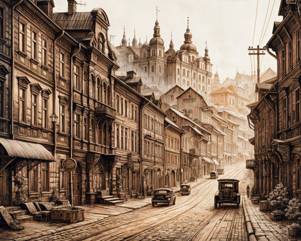 Vintage Street Scene with Ornate Buildings and Classic Cars