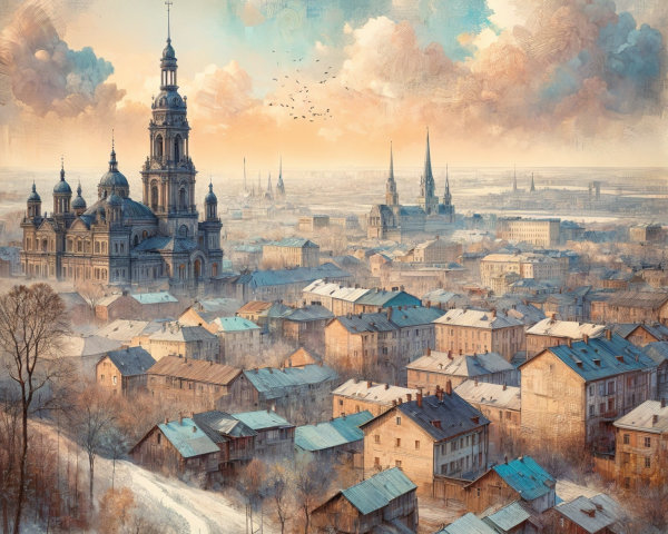 Enchanting Cityscape at Dawn with Historic and Modern Elements