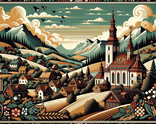Folk Art Painting of Mountainous Village Landscape