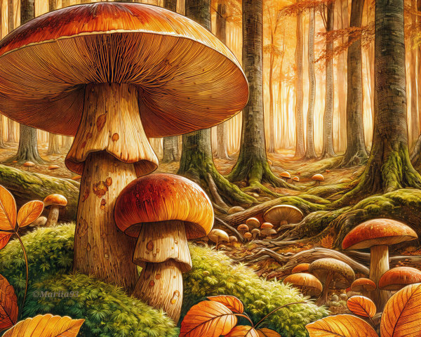 Autumn Forest Scene with Mushrooms and Foliage