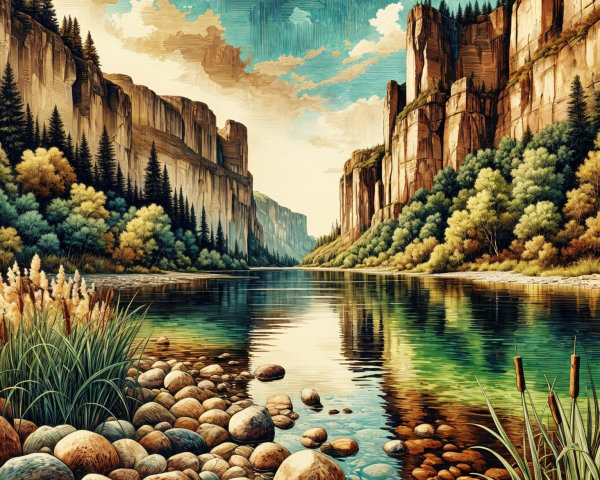 Serene Landscape with River and Towering Cliffs