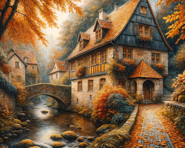 Stone Cottage by River Surrounded by Autumn Foliage