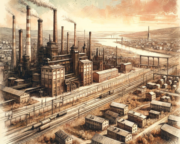 Industrial Complex with Smokestacks and Train Tracks