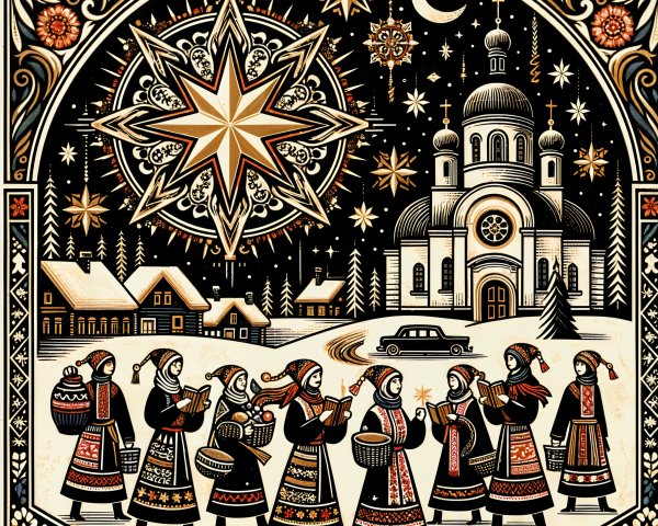 Night Sky Scene with Church, People, and Floral Border