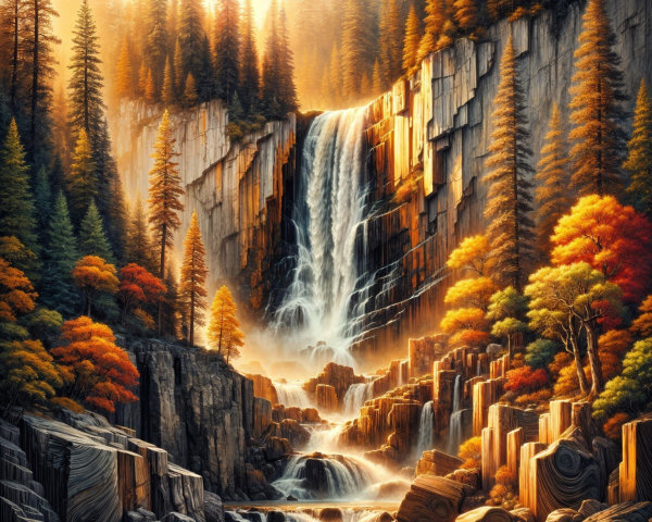 Majestic Waterfall in Vibrant Autumn Forest Landscape