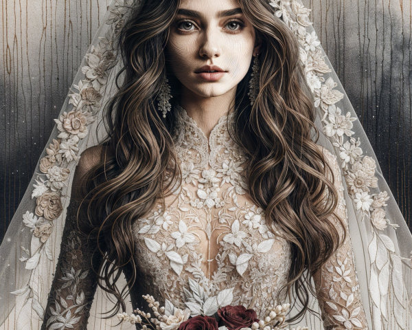 Elegant Bride in Lace Gown with Red Roses Bouquet
