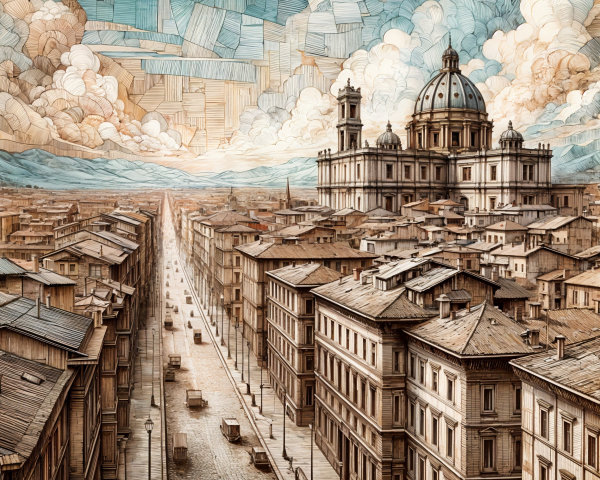 Detailed Cityscape with Cathedral and Vintage Cars