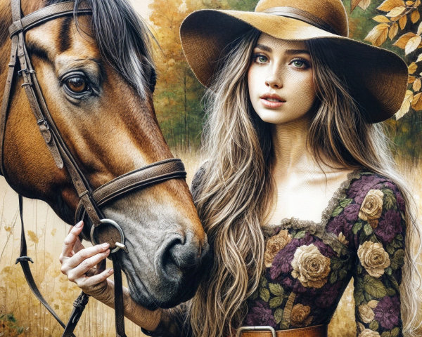 Young Woman with Horse in Autumn Foliage Setting