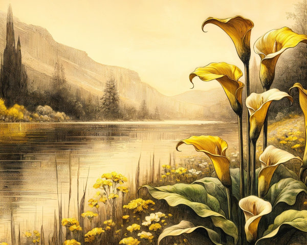 Tranquil River Landscape with Mountains and Wildflowers