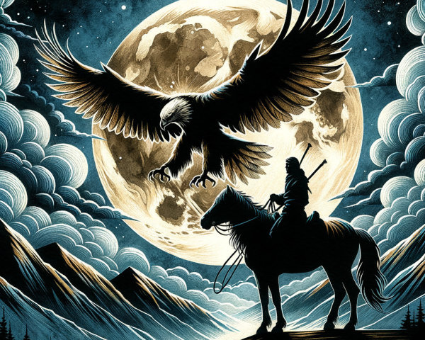 Silhouetted Horseman and Eagle Under Luminous Moon