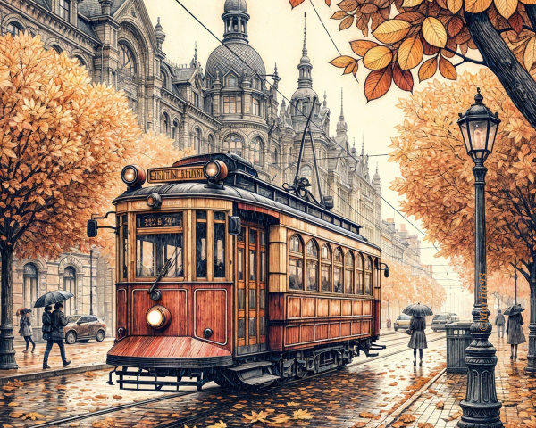 Vintage Tram in Autumnal City Street Scene