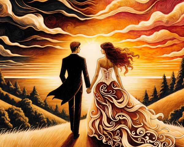 Couple Walking Hand in Hand Towards a Sunset