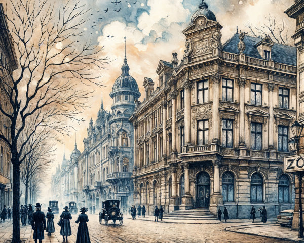 Historic Street Scene with Vintage Architecture and Carriages
