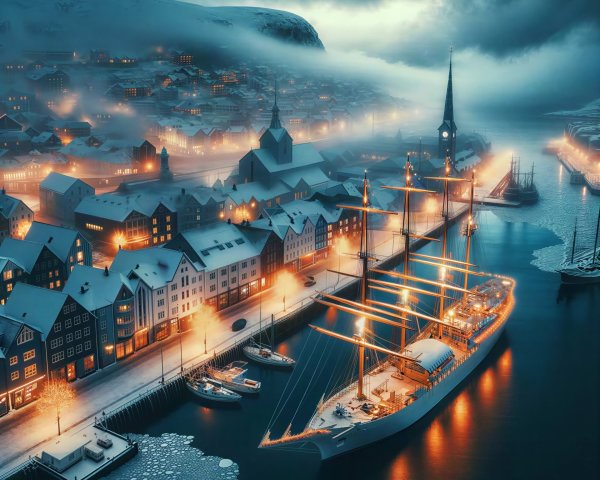 Aerial View of a Snowy Norwegian Town at Dusk