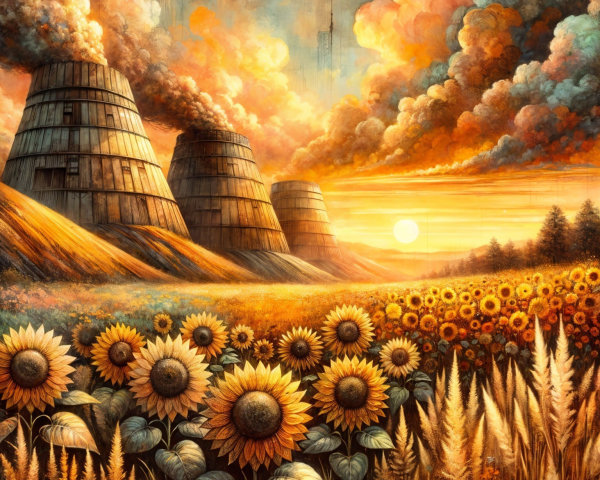 Surreal Landscape with Cooling Towers and Sunflowers