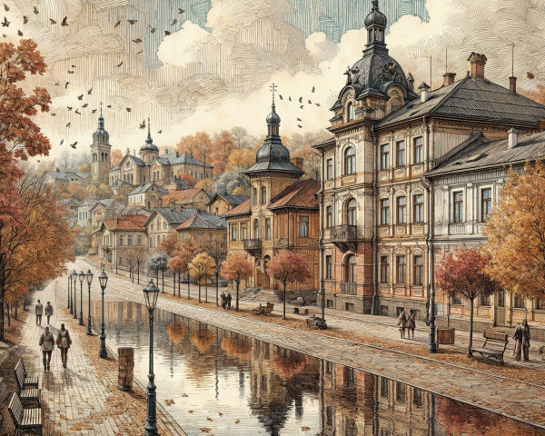 Autumn River Scene with Charming Town Architecture