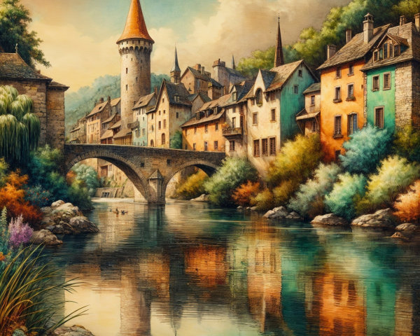 Picturesque village with stone bridge and castle view