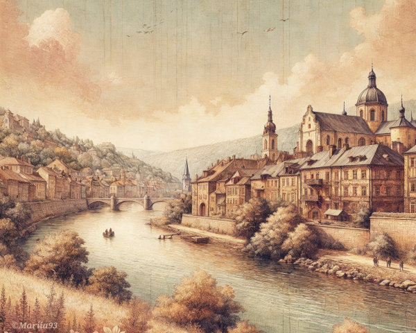 Serene Riverside Scene with Quaint Buildings and Nature
