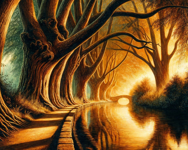 Serene pathway with trees and tranquil canal scene