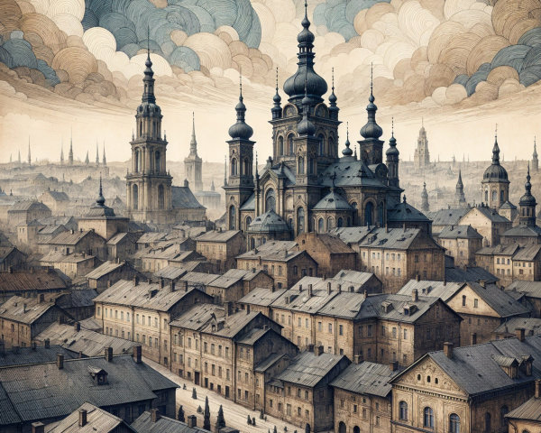 Intricate Cityscape with Domed and Spired Architecture