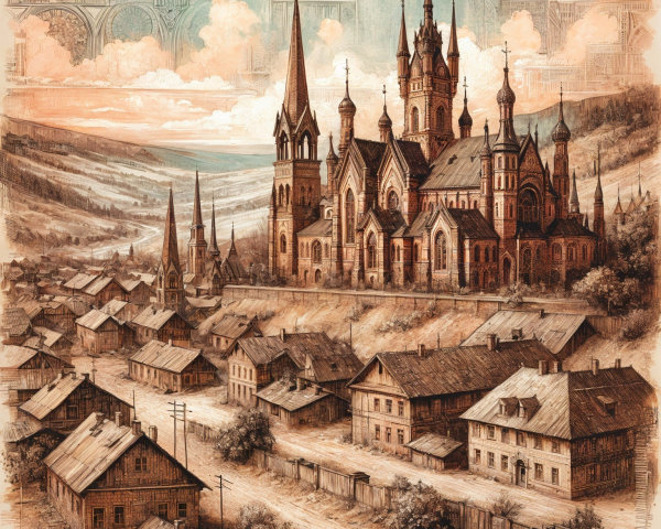 Serene Historical Village Scene with Church and Houses