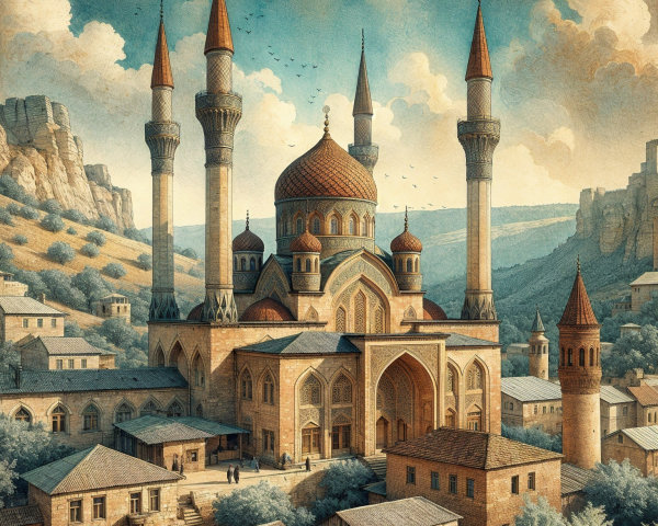 Majestic mosque with minarets in serene landscape