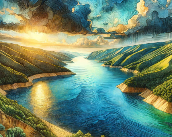 Tranquil River Landscape with Sunset and Hills