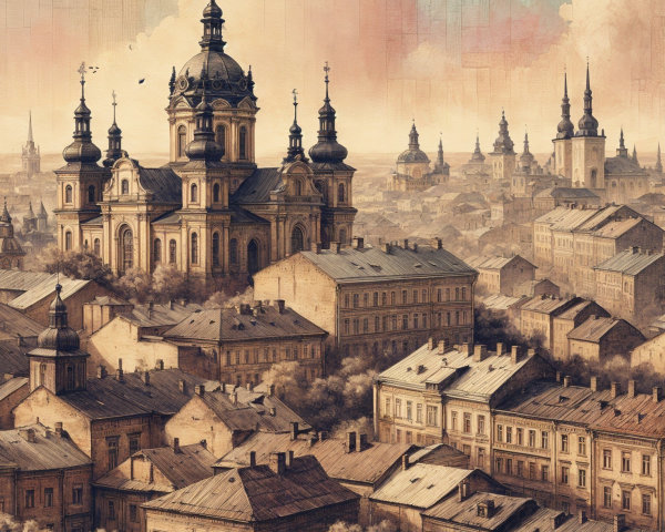 Cityscape with Historical Architecture and Grand Church