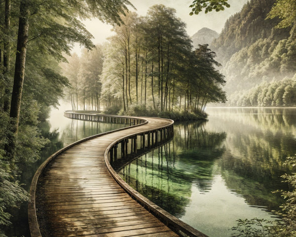 Wooden Pathway Through Lush Greenery and Water