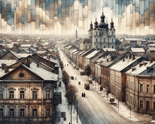 Winter Street Scene with Historical Buildings and Church
