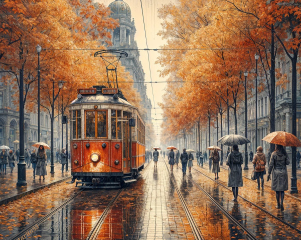Vintage Tram on Rainy Street with Autumn Foliage