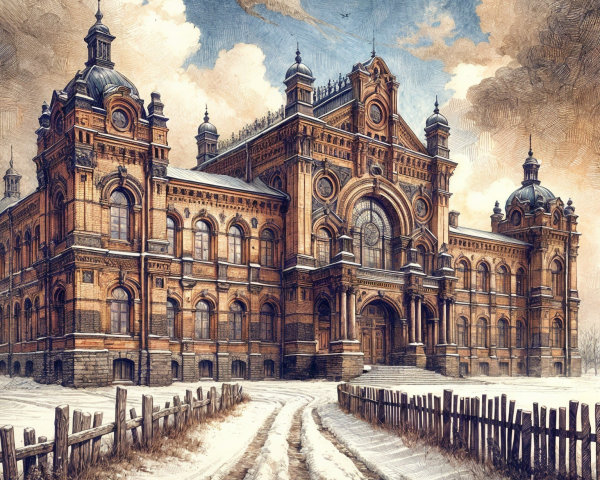 Historic Building with Ornate Architecture in Snow