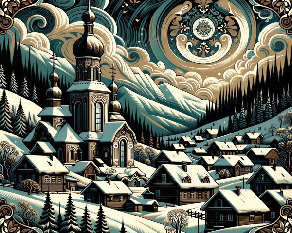 Intricate Digital Illustration of a Winter Village Scene