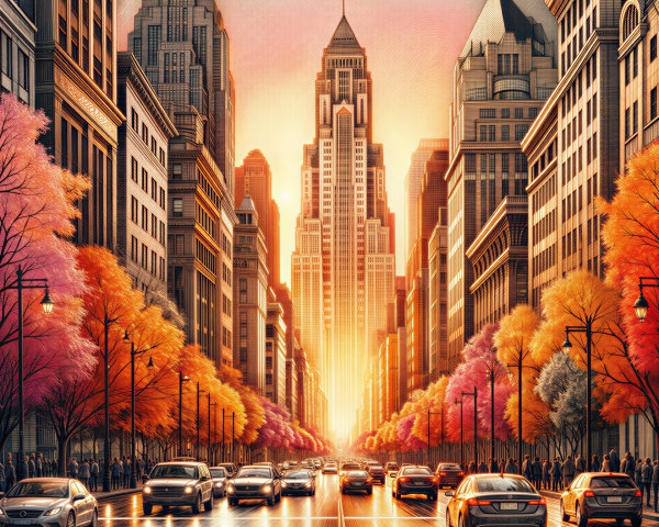 Vibrant Cityscape at Sunset with Art Deco Skyscrapers