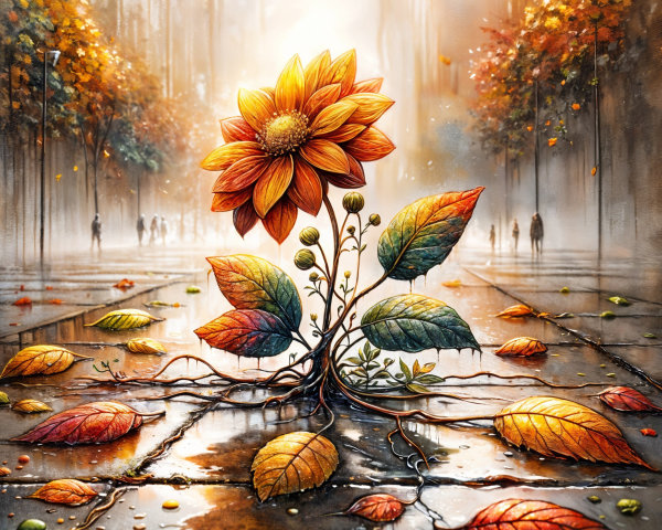 Vibrant Sunflower Amidst Autumn Leaves on Cobblestones