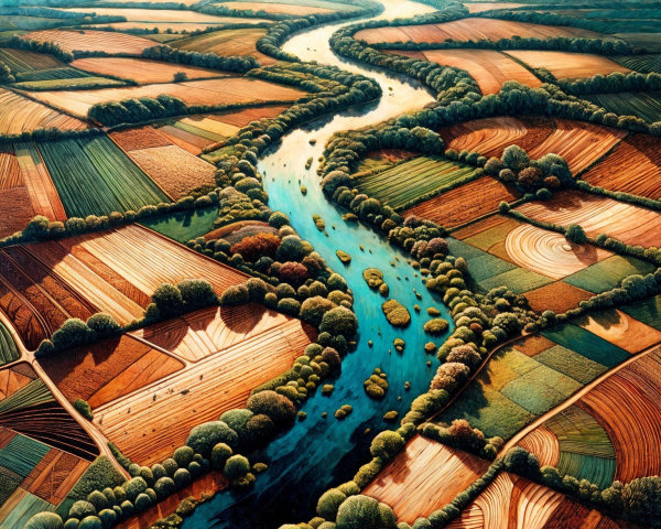 Aerial View of Winding River and Patchwork Fields
