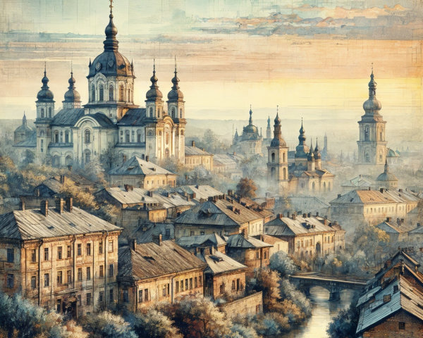Picturesque Town with Cathedral and Serene Landscape