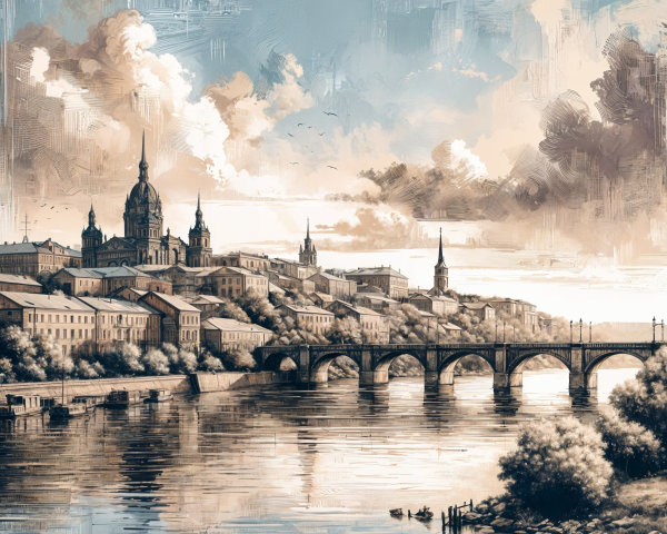 Picturesque Riverside Town with Ornate Architecture