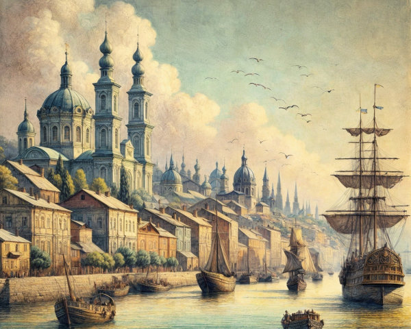 Serene Waterfront Scene with Historic City and Harbor