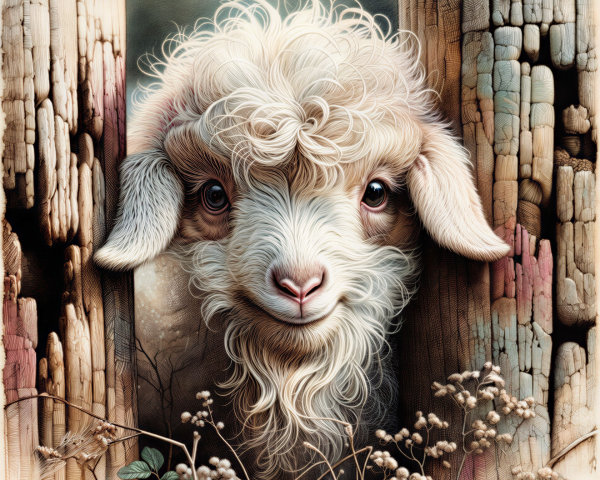 Whimsical Illustration of Goat by Wooden Fence