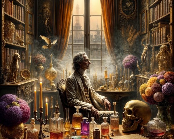 Lavish Study with Colorful Potions and Cityscape View