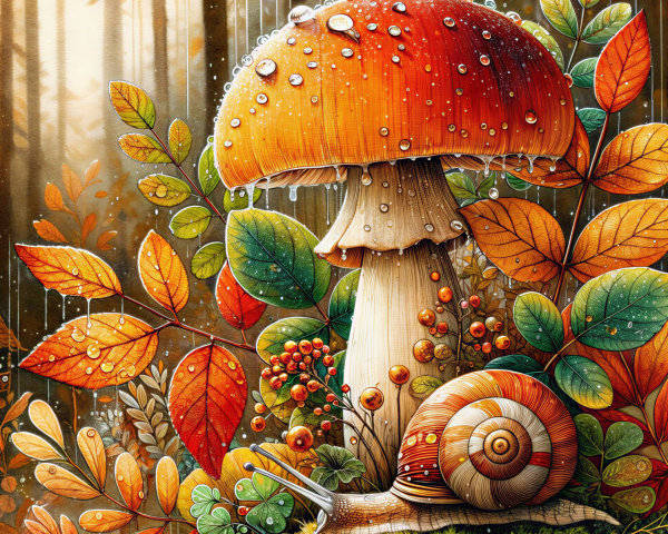 Large Orange-Capped Mushroom in Autumn Forest Scene