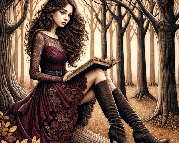 Young Woman Reading in Autumn Forest Setting