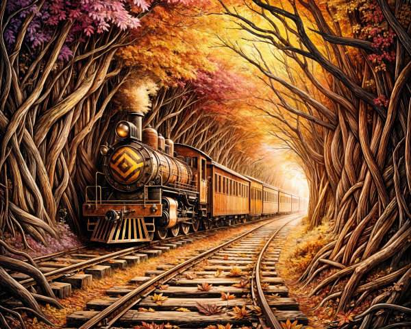 Vintage steam locomotive in autumn tree tunnel