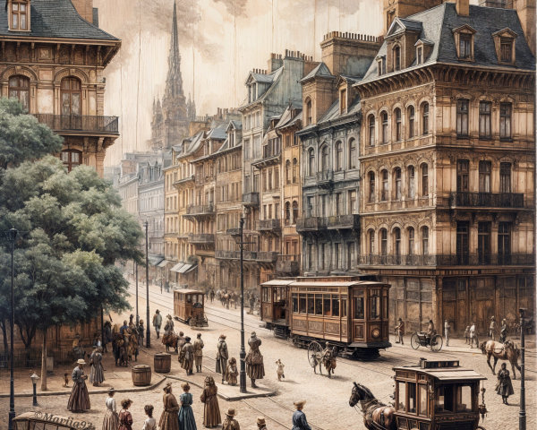 19th-Century City Street with Elegant Buildings and Carriages
